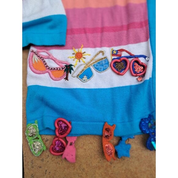 Just B Bright Cardigan Sweater S Sequin Sunglasses Embroidered Summer *read - Picture 2 of 5